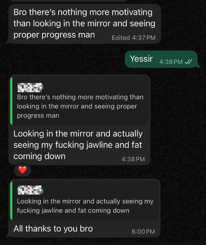 WhatsApp conversation: client tells Sean there's nothing more motivating than looking in the mirror and seeing proper progress, and that he can now see his jawline and fat coming down, all thanks to Sean's coaching.